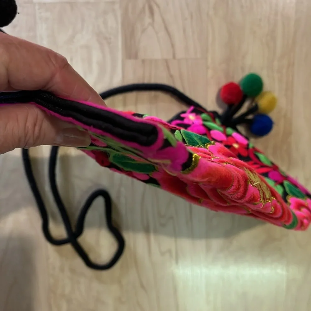 Colorful Embroidered Floral Boho Crossbody Shoulder Bag with Pom Poms